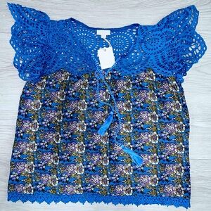 NWT Jennifer Grace Blue and Purple Lace Floral Women's Top Size Small